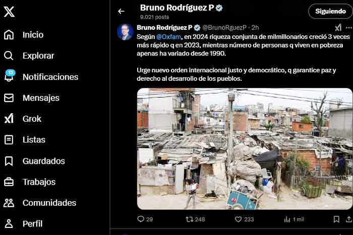 El canciller cubano divulgó datos de la confederación internacional Oxfam que revelan el crecimiento de la desigualdad.