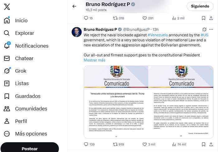 FM Bruno Rodríguez expressed “full support for the statement published by the Venezuelan government.”