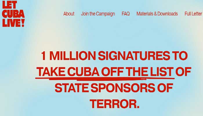 Campaign to collect one million signatures calling for Cuba to be removed from SST list.