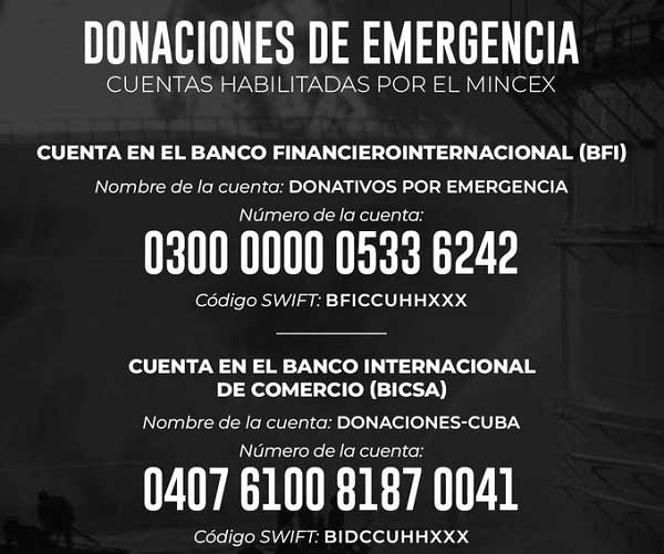 Accounts to receive emergency donations in response to the catastrophe caused by a major fire at the Matanzas Supertanker Base