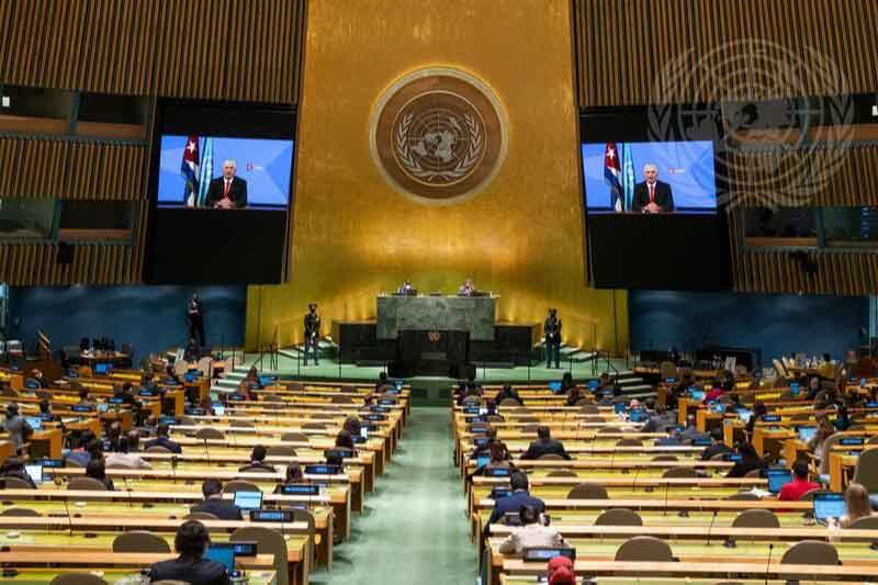 UN General Assembly Hall while pre-recorded message by Cuban President Miguel Díaz-Canel is delivered.