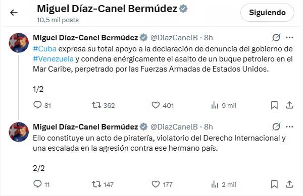 Presidente cubano denunció acto de piratería de EE.UU contra petrolero venezolano.