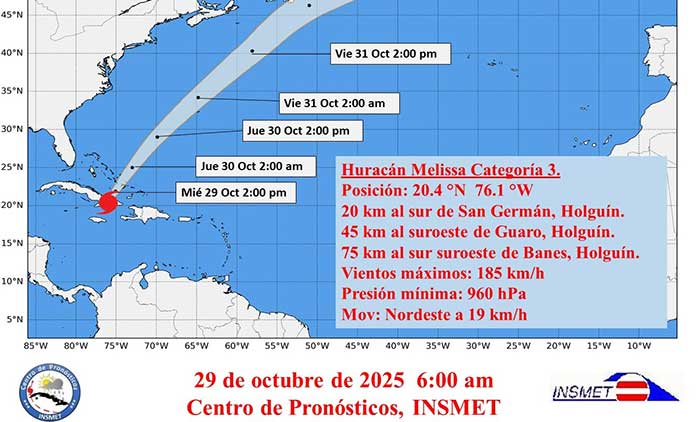 La región central de Melissa transitará sobre Holguín, saliendo al mar en la mañana por las inmediaciones del municipio Banes.