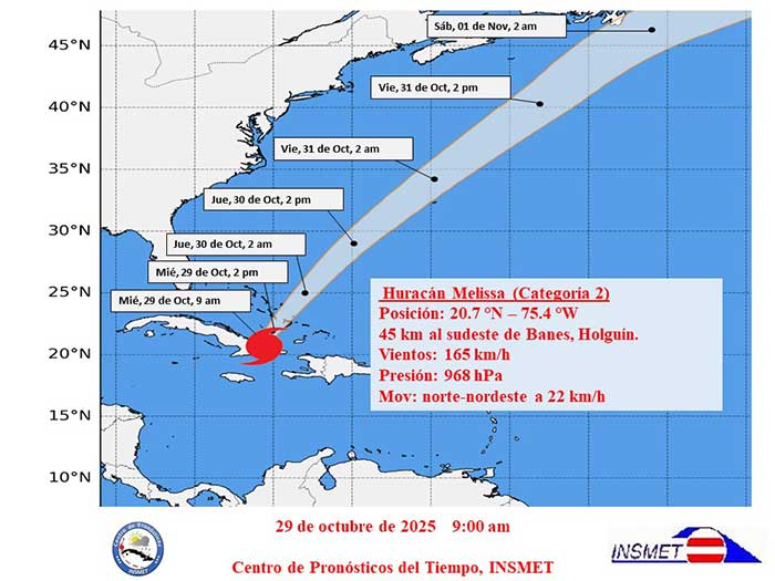 Melissa moving out to sea as a Category 2 hurricane.
