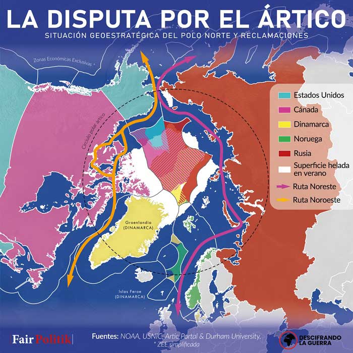 La disputa por el Ártico y la ubicación estratégica de Groenlandia en el mapa.