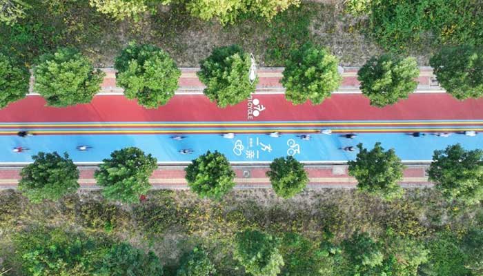 Cycling enthusiasts ride bikes along a green trail in Guangzong county, Xingtai, north China's Hebei province.