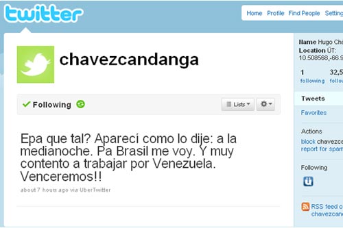 Primer tuit de Chávez