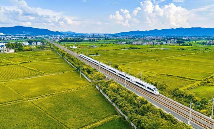 A bullet train passes through Cailing township, Duchang county, east China's Jiangxi province. 