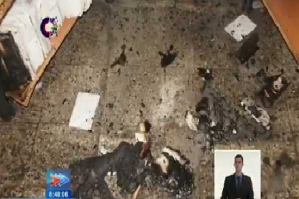 Evidencias de actos vandálicos con cóctel mólotov contra una tienda en el municipio de Diez de Octubre. Foto: Canal Caribe/ Juventud Rebelde