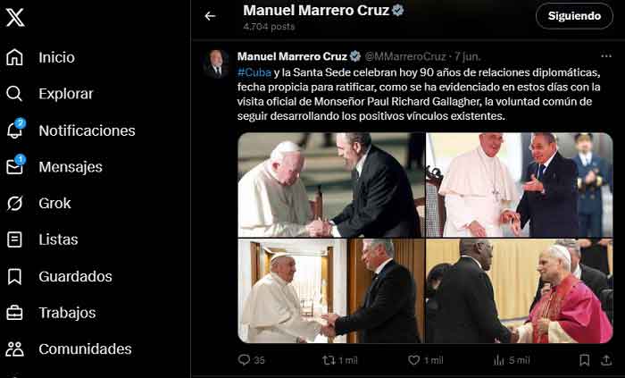 Post del Primer Ministro Cubano en X