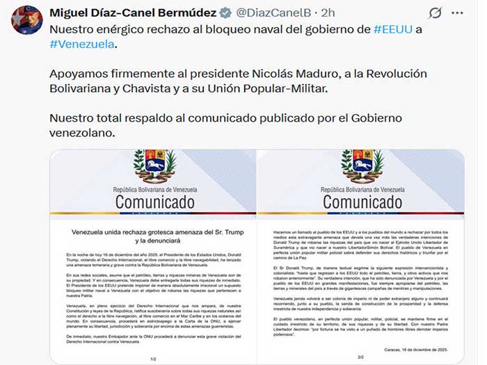 "Nuestro enérgico rechazo al bloqueo naval del gobierno de EEUU a Venezuela", declaró el presidente cubano, Miguel Díaz-Canel