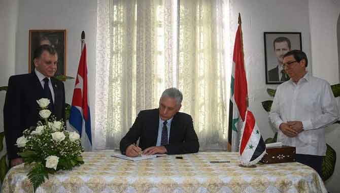 President Miguel Diaz-Canel signed the book of condolences at Syria's Embassy