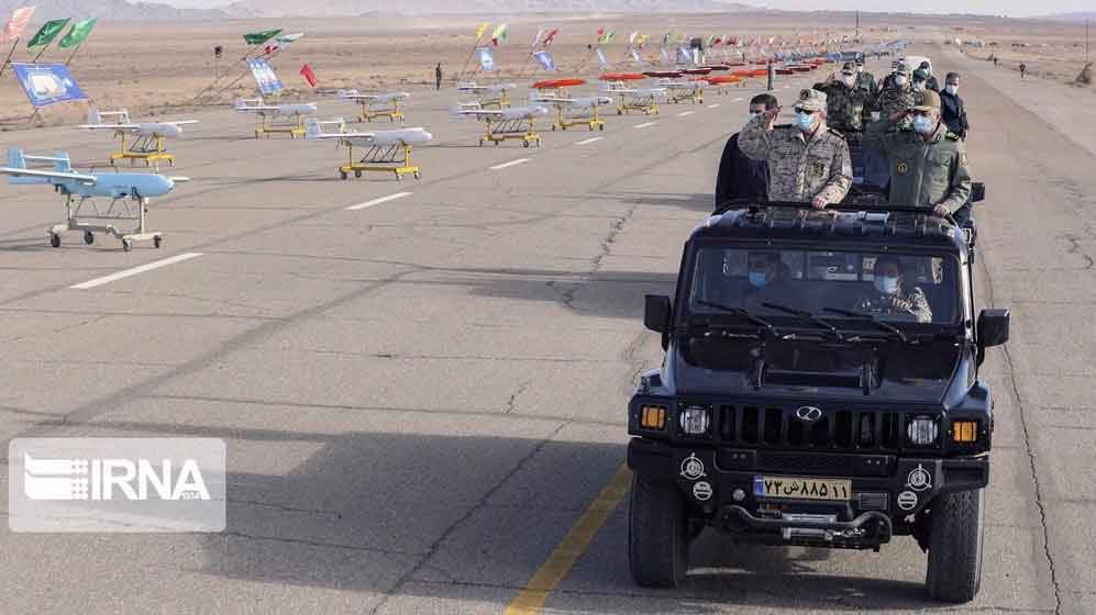 Chairman of the Chiefs of Staff of the Iranian Armed Forces Major General Mohammad Baqeri reviews Iranian military drones. (Photo: IRNA)