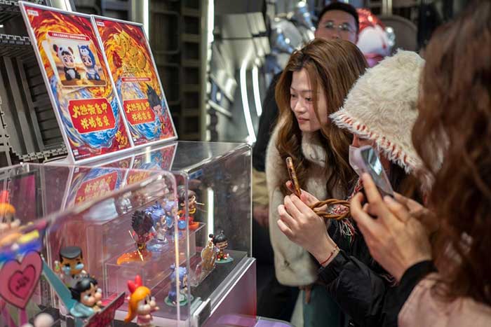 Toys inspired by characters in the Ne Zha animated film series are sold in a flagship store of Chinese toy company Pop Mart in Shanghai.