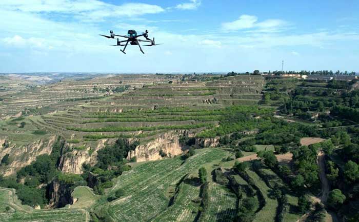 BGP Inc., a subsidiary of China National Petroleum Corporation (CNPC), uses a drone to collect data on hills. 