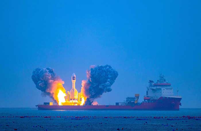 A Gravity-1 carrier rocket carrying a wide-field satellite and two experimental satellites blasts off from the waters off Haiyang, east China's Shandong province, Oct. 11, 2025.